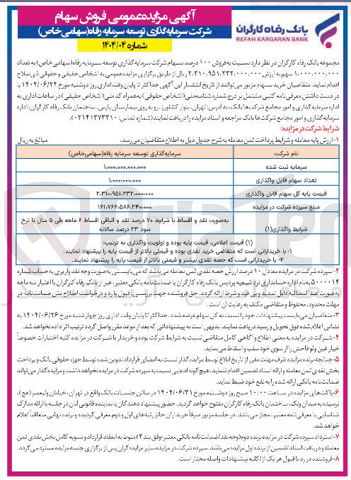 تصویر کوچک آگهی فروش ۱۰۰ درصد سهام شرکت سرمایه گذاری توسعه سرمایه رفاه ( سهامی خاص ) به تعداد 1.000.000.000 سهم 