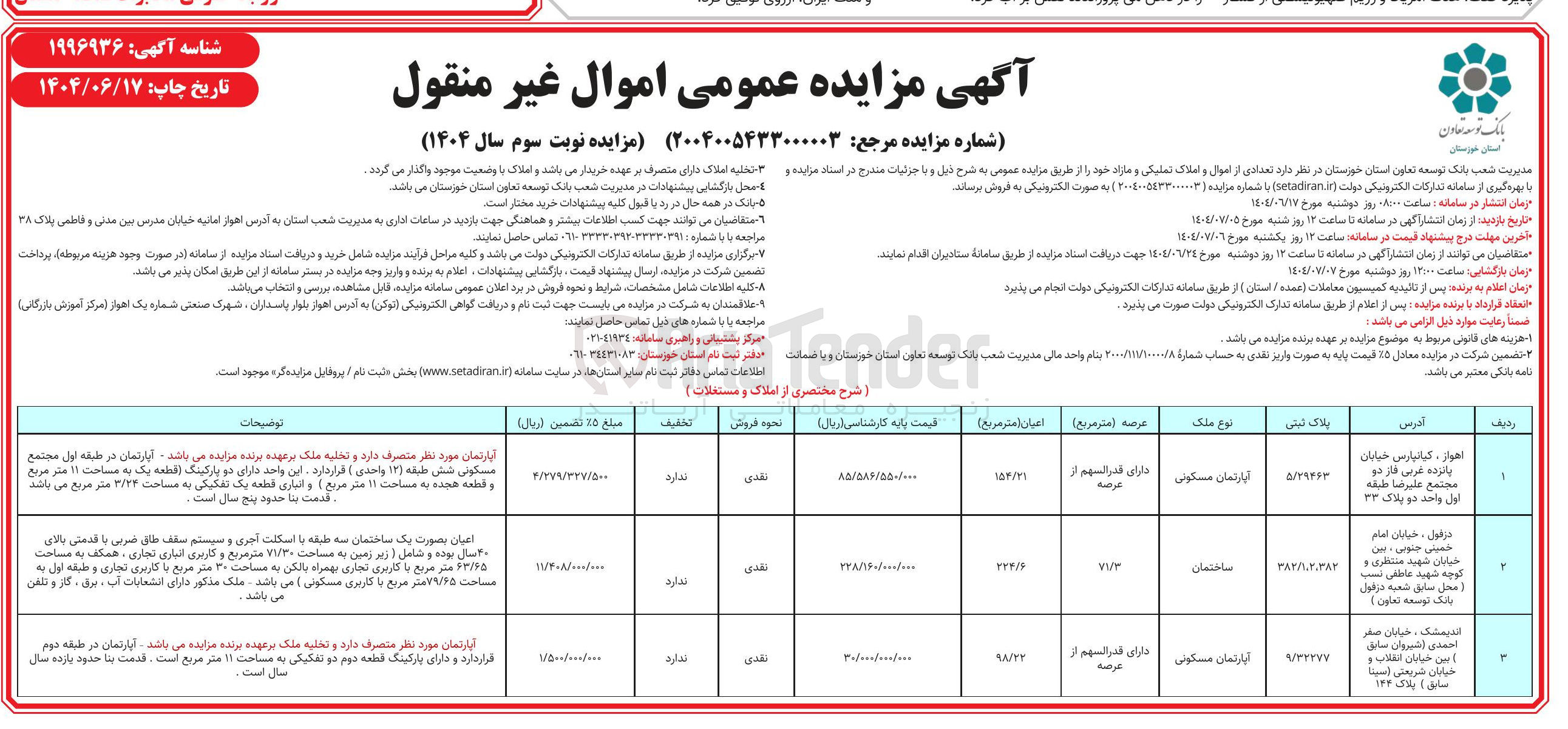 تصویر کوچک آگهی مزایده عمومی اموال غیر منقول
