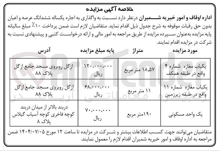 تصویر کوچک آگهی اجاره یکساله ششدانگ عرصه و اعیان دو مغازه تجاری و یک واحد مسکونی