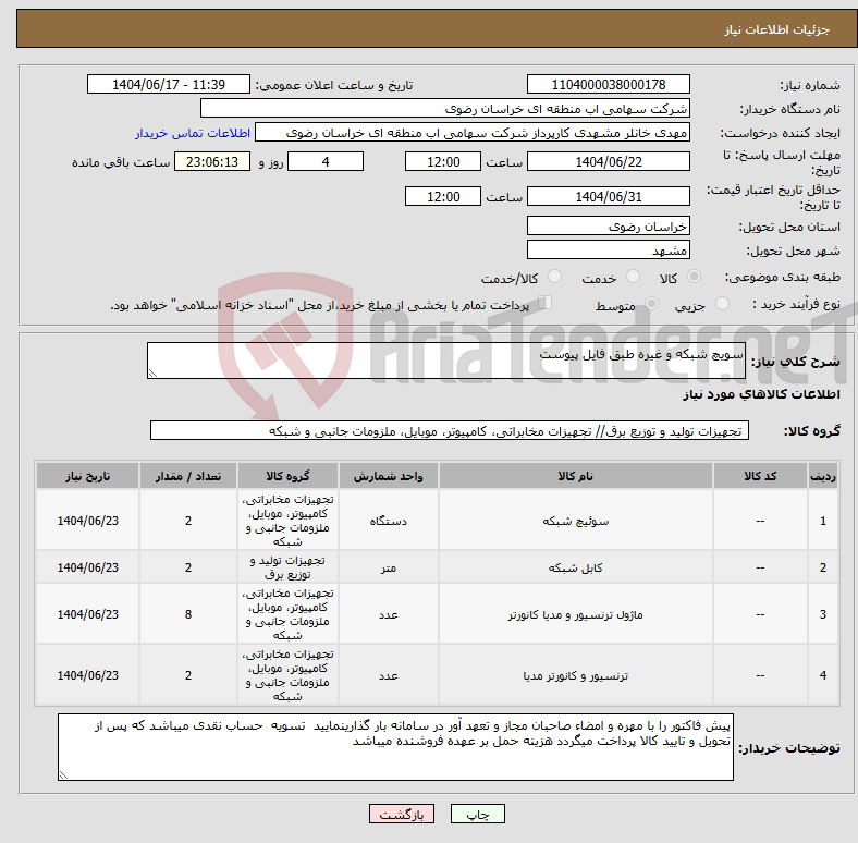 تصویر کوچک آگهی نیاز انتخاب تامین کننده-سویچ شبکه و غیره طبق فایل پیوست