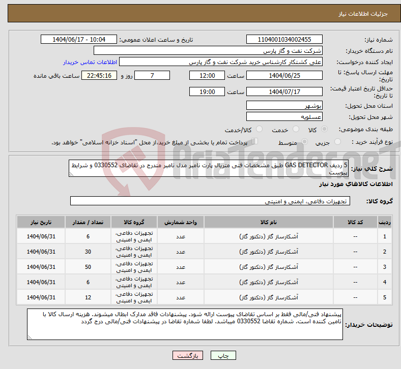 تصویر کوچک آگهی نیاز انتخاب تامین کننده-5 ردیف GAS DETECTOR طبق مشخصات فنی متریال پارت نامبر مدل نامبر مندرج در تقاضای 0330552 و شرایط پیوست