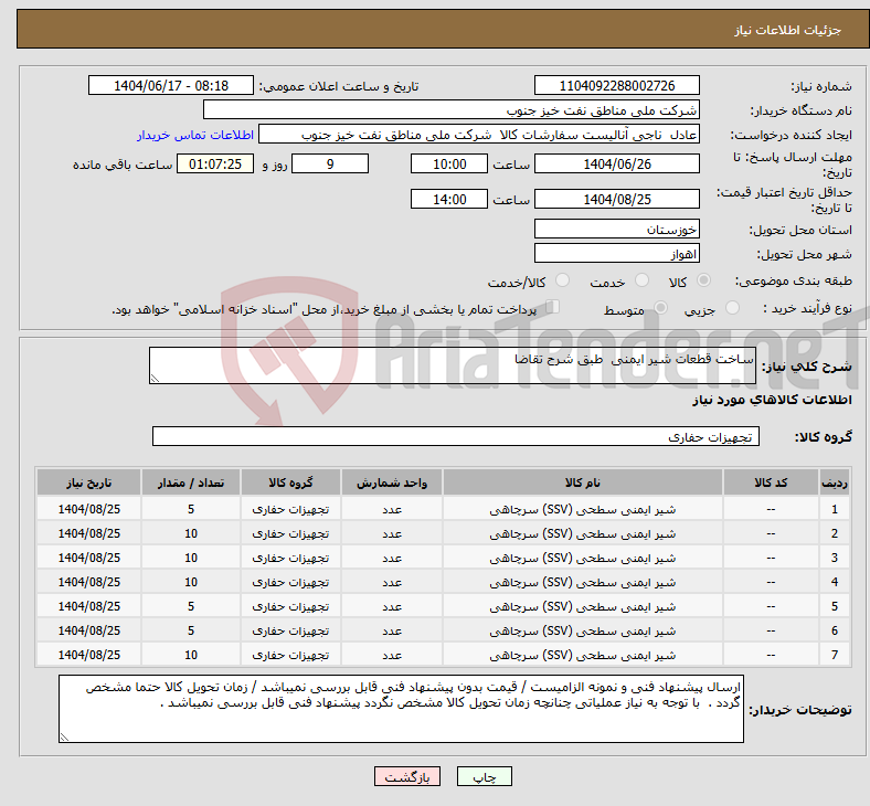 تصویر کوچک آگهی نیاز انتخاب تامین کننده-ساخت قطعات شیر ایمنی طبق شرح تقاضا
