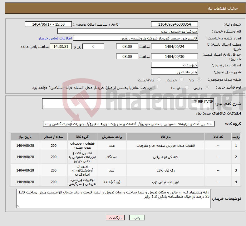 تصویر کوچک آگهی نیاز انتخاب تامین کننده-TUBE PVDF