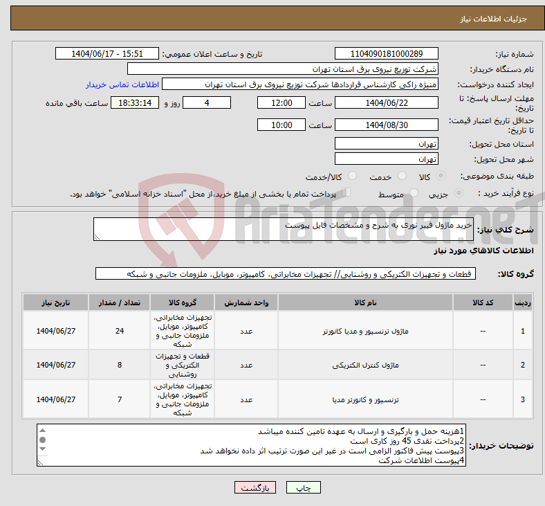 تصویر کوچک آگهی نیاز انتخاب تامین کننده-خرید ماژول فیبر نوری به شرح و مشخصات فایل پیوست