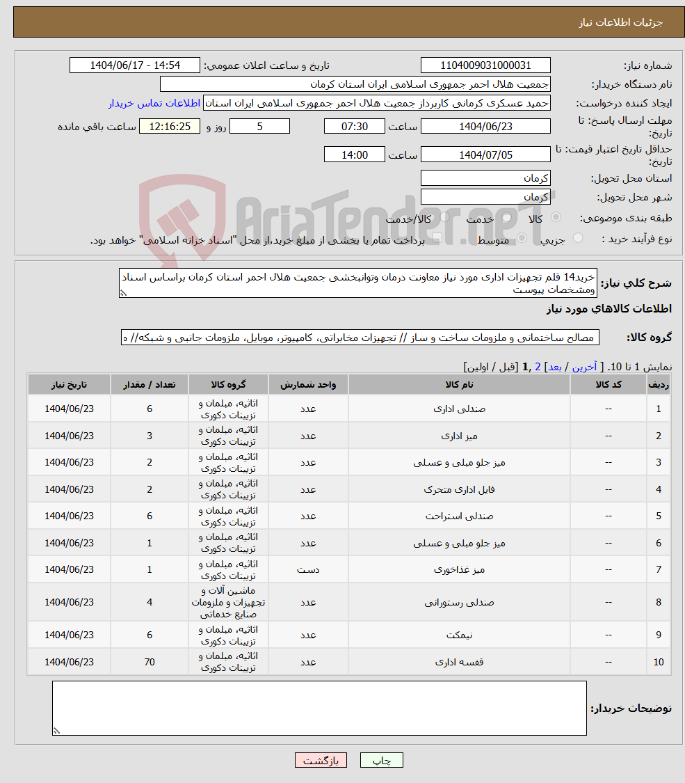 تصویر کوچک آگهی نیاز انتخاب تامین کننده-خرید14 قلم تجهیزات اداری مورد نیاز معاونت درمان وتوانبخشی جمعیت هلال احمر استان کرمان براساس اسناد ومشخصات پیوست