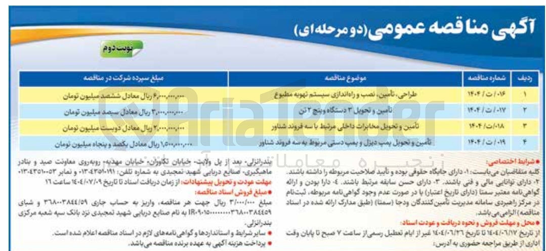 تصویر کوچک آگهی تامین و تحویل ۳ دستگاه و پنج ۲ تن