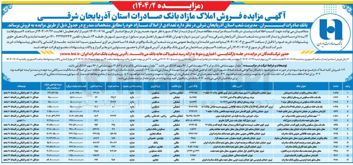 تصویر کوچک آگهی فروش املاک در 16 ردیف با کاربری مسکونی - زراعی - خدماتی - رفاهی - تجاری - تعمیراتی تولیدی