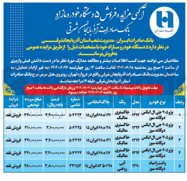تصویر کوچک آگهی فروش ۵ دستگاه خودرو