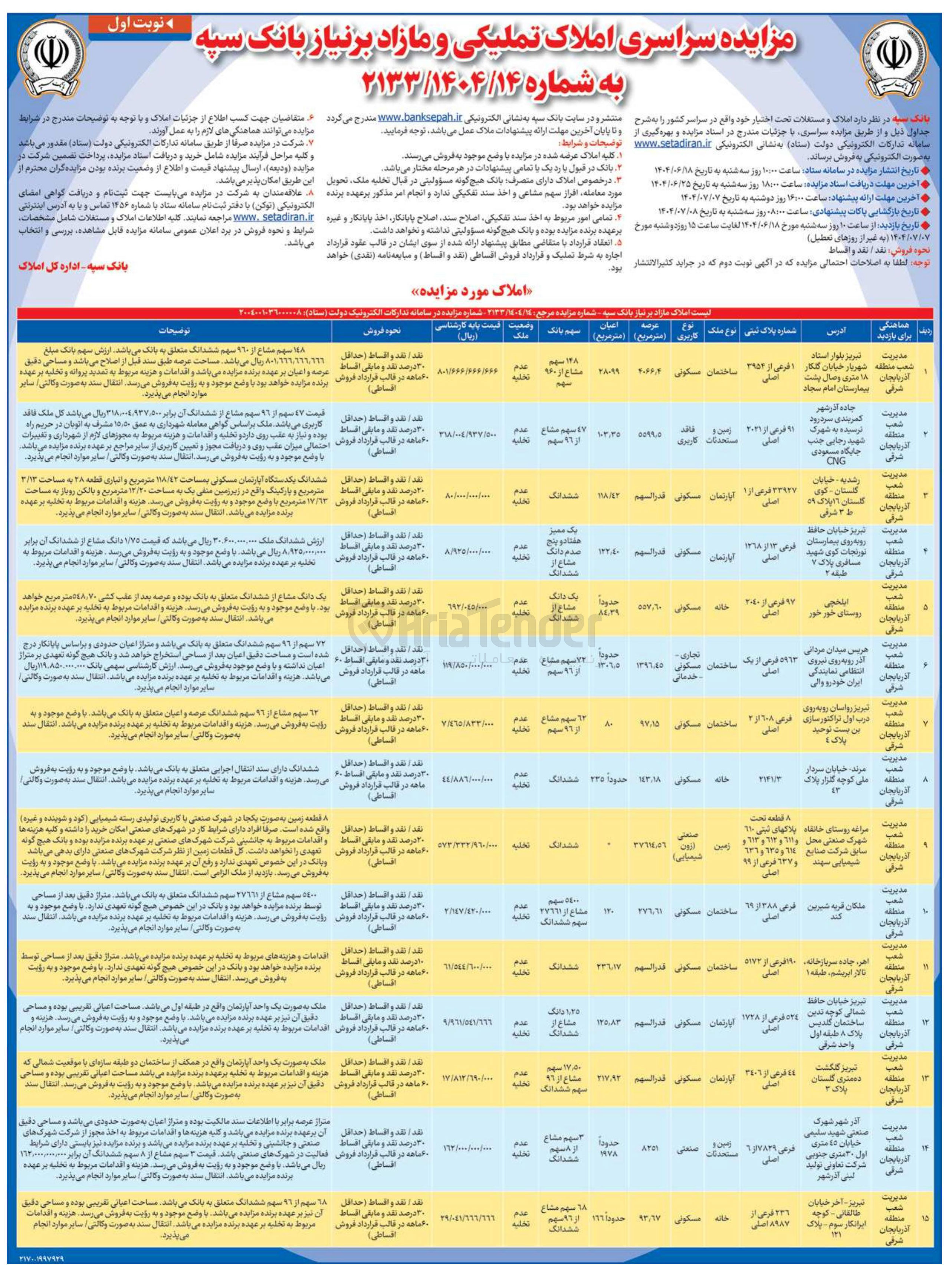 تصویر کوچک آگهی فروش املاک در 15 ردیف با کاربری مسکونی - صنعتی - تجاری