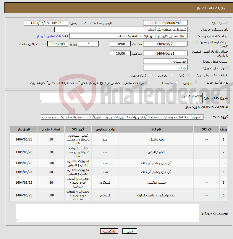 تصویر کوچک آگهی نیاز انتخاب تامین کننده-اقلام ترافیکی