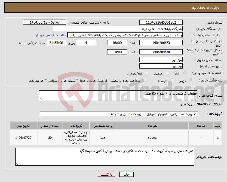 تصویر کوچک آگهی نیاز انتخاب تامین کننده-قطعات کامپیوتری در 7 قلم و 80 عدد