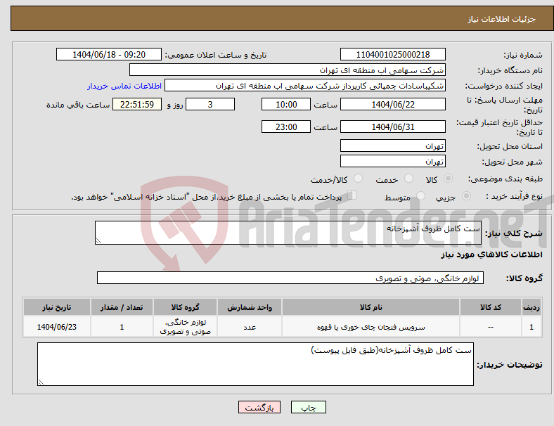تصویر کوچک آگهی نیاز انتخاب تامین کننده-ست کامل ظروف آشپزخانه
