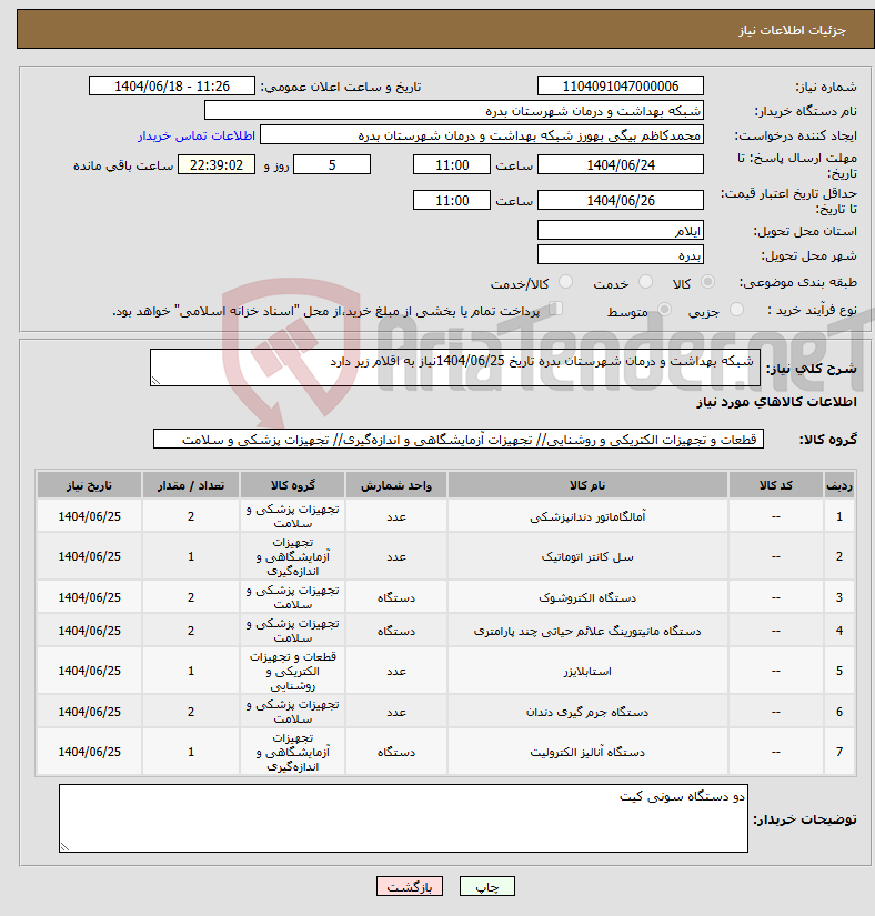 تصویر کوچک آگهی نیاز انتخاب تامین کننده- شبکه بهداشت و درمان شهرستان بدره تاریخ 1404/06/25نیاز به اقلام زیر دارد