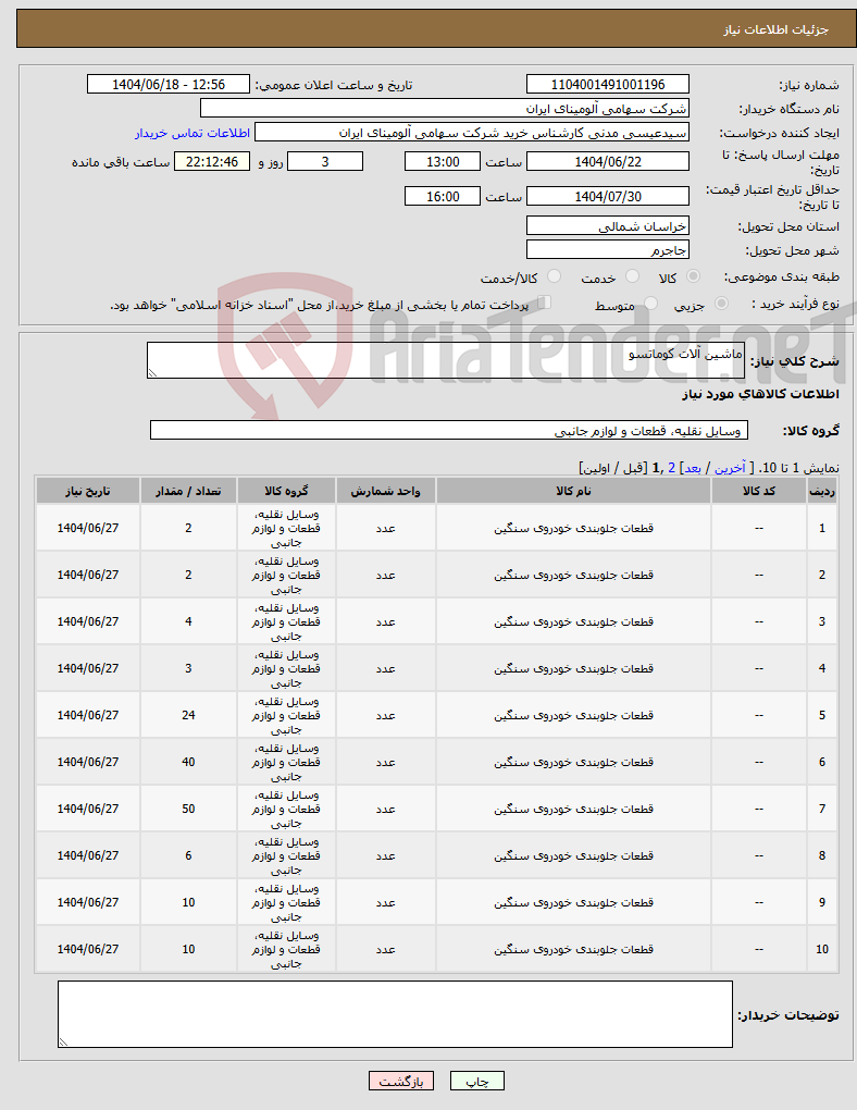 تصویر کوچک آگهی نیاز انتخاب تامین کننده-ماشین آلات کوماتسو