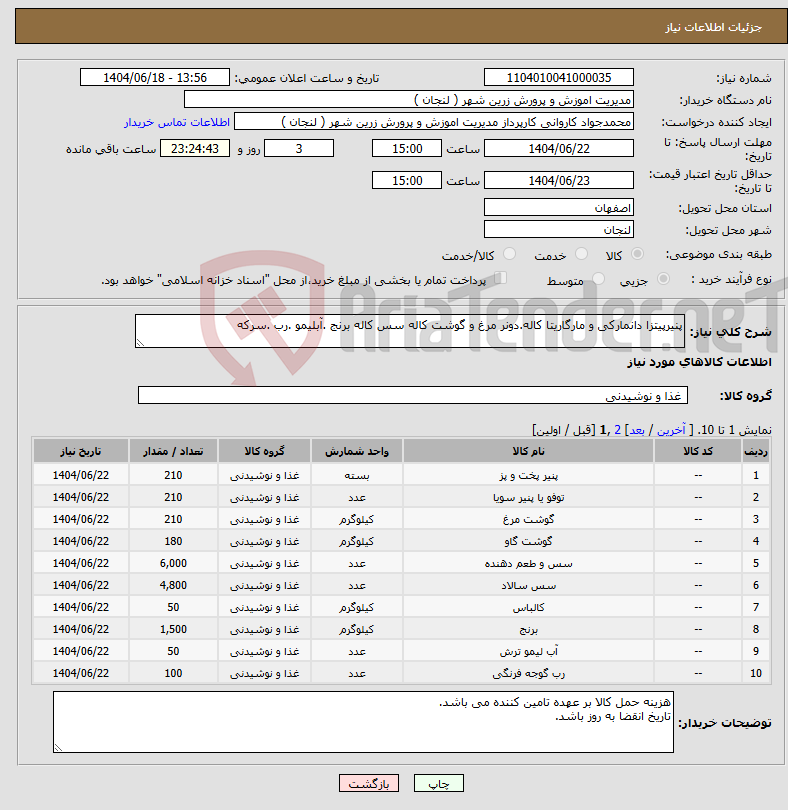 تصویر کوچک آگهی نیاز انتخاب تامین کننده-پنیرپیتزا دانمارکی و مارگاریتا کاله.دونر مرغ و گوشت کاله سس کاله برنج .آبلیمو .رب .سرکه 