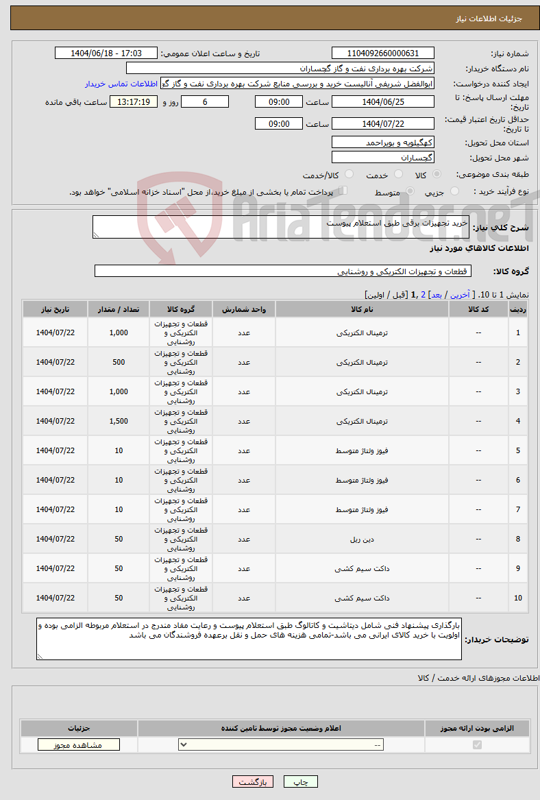 تصویر کوچک آگهی نیاز انتخاب تامین کننده-خرید تجهیزات برقی طبق استعلام پیوست