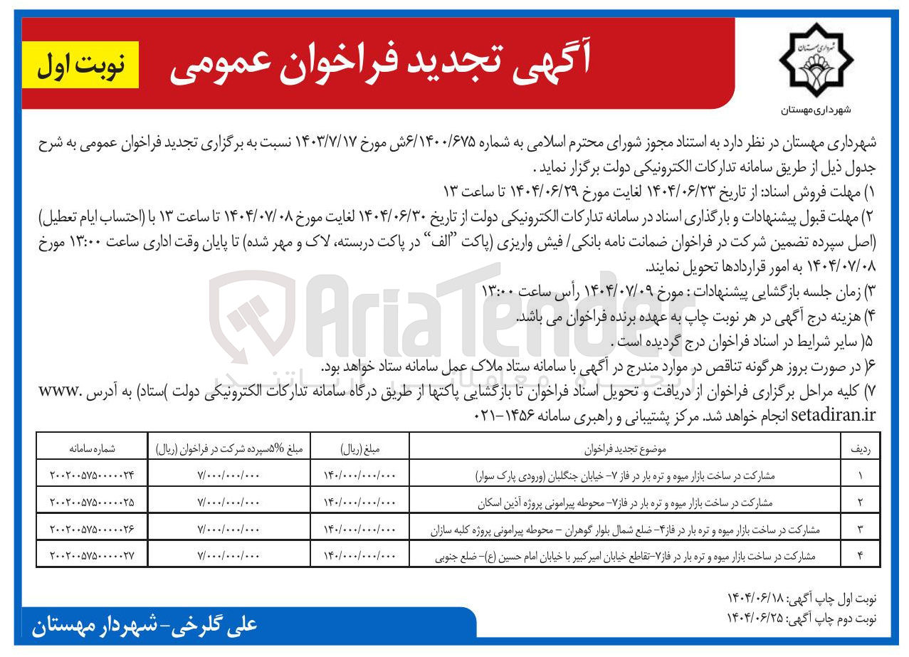 تصویر کوچک آگهی مشارکت در ساخت بازار میوه و تره بار