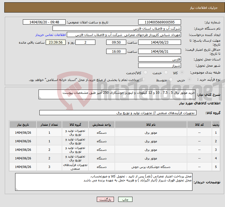 تصویر کوچک آگهی نیاز انتخاب تامین کننده-خرید موتور برق 5 ، 7.5 ، 10 و 12 کیلووات و اینورتر جوشکاری 250 آمپر طبق مشخصات پیوست