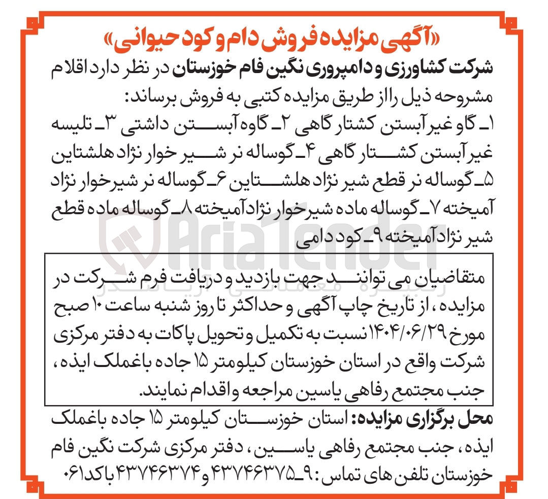 تصویر کوچک آگهی  گاو غیر آبستن کشتارگاهی - گاوه آبستن داشتی ۳ تلیسه غیر آبستن کشتارگاهی ۴ گوساله نر شیر خوار نژاد هلشتاین ه گوساله نر قطع شیر نژاد هلشتاین ۶ گوساله نر شیرخوار نژاد آمیخته ۷ گوساله ماده شیر خوار نژاد آمیخته ۸ گوساله ماده قطع شیر نژاد آمیخته ۹ کود دامی