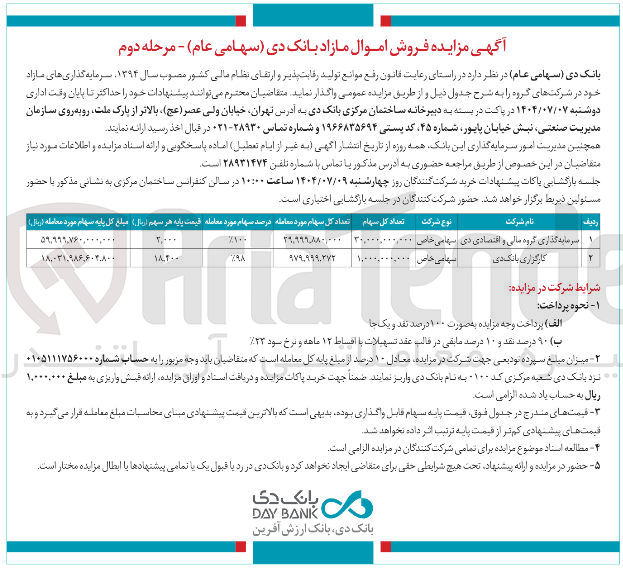 تصویر کوچک آگهی فروش سهام شرکت سرمایه گذاری گروه مالی و اقتصادی دی و کارگزاری بانک دی