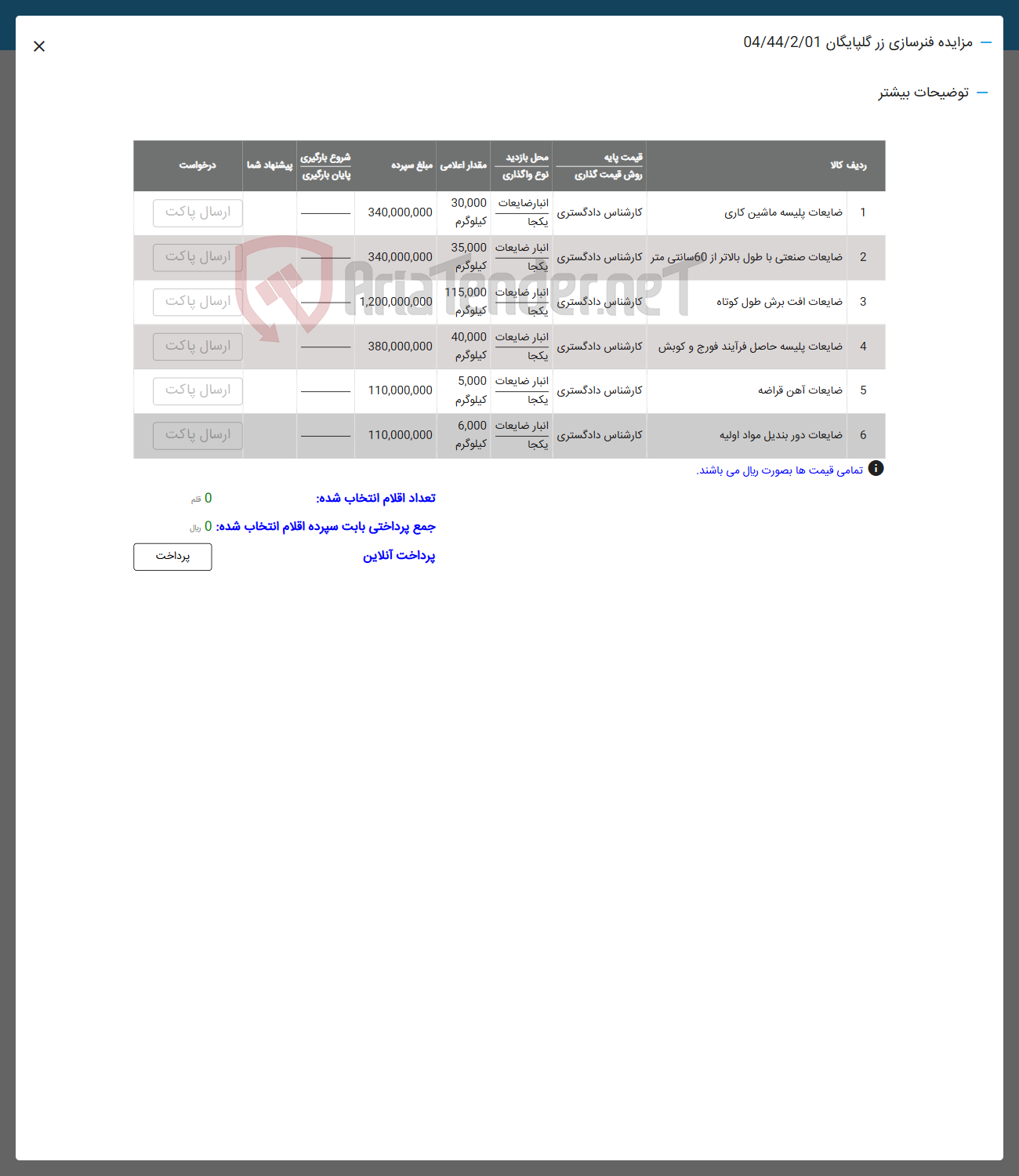 تصویر کوچک آگهی فروش اقلام در 65 ردیف شامل: ضایعات پیلسه .آهن قراضه و...