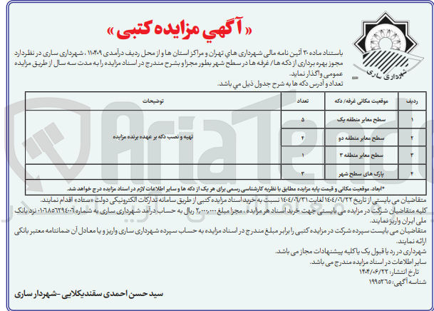 تصویر کوچک آگهی مجوز بهره برداری از دکه ها / غرفه ها در سطح شهر