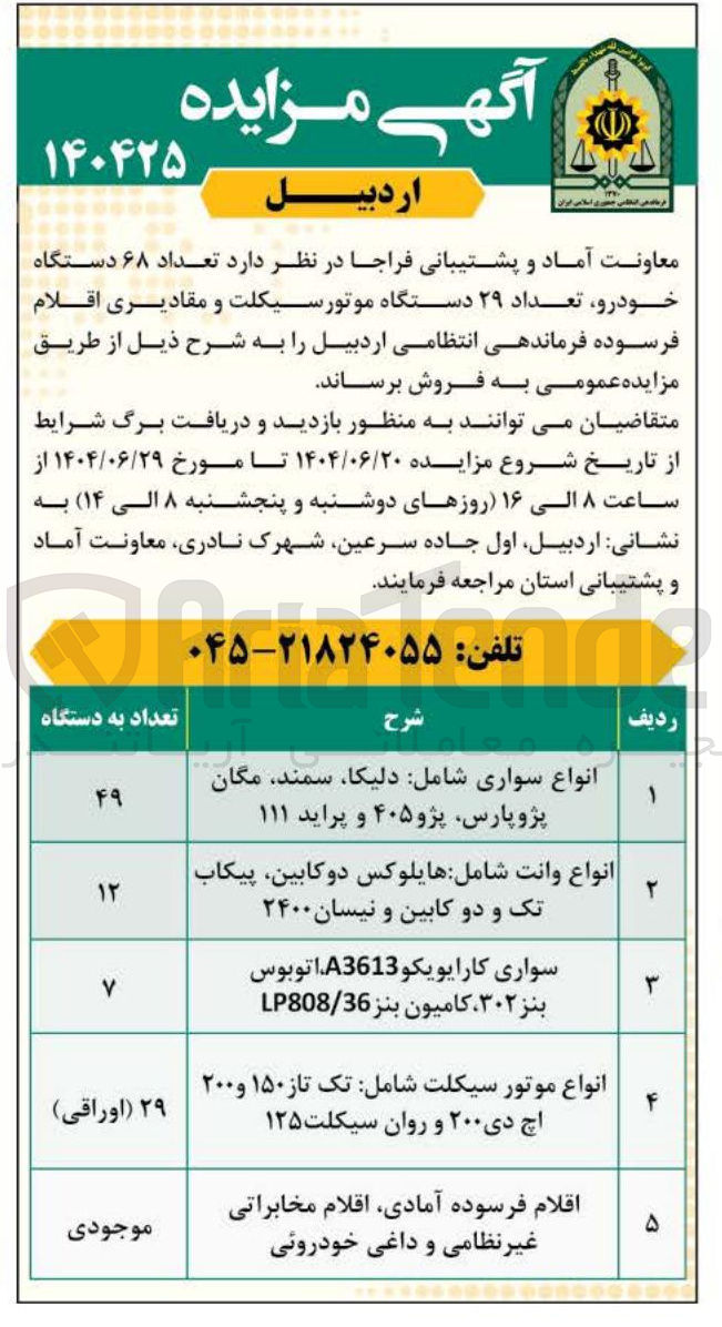 تصویر کوچک آگهی فروش تعداد ۶۸ دستگاه خودرو تعداد ۲۹ دستگاه موتورسیکلت و مقادیری اقلام فرسوده