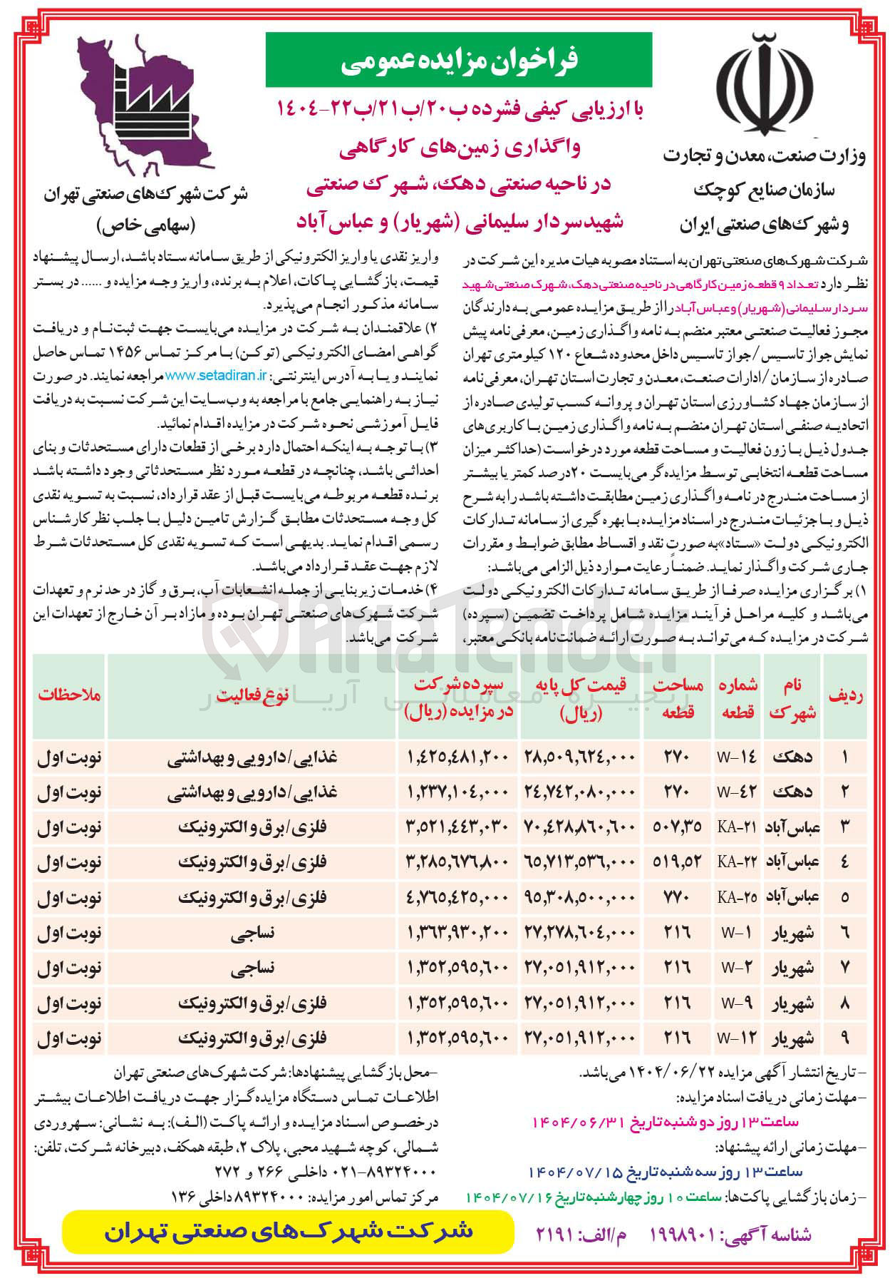 تصویر کوچک آگهی واگذاری زمین های کارگاهی در 9 ردیف