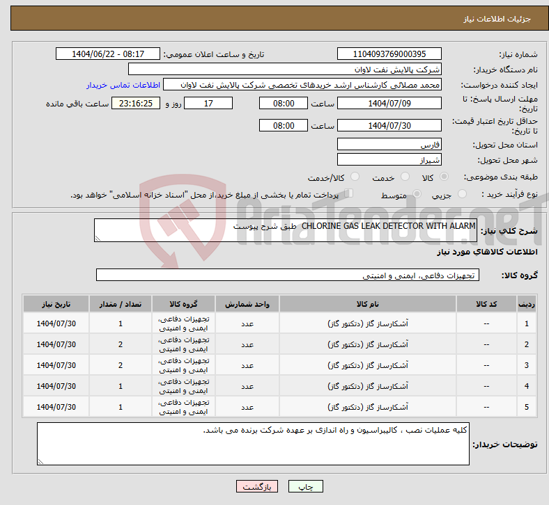 تصویر کوچک آگهی نیاز انتخاب تامین کننده-CHLORINE GAS LEAK DETECTOR WITH ALARM طبق شرح پیوست