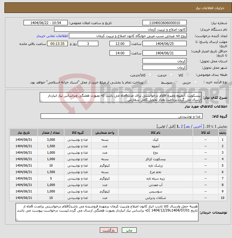 تصویر کوچک آگهی نیاز انتخاب تامین کننده-بیسکویت ،آبمیوه وغیره اقلام درخواستی برای مدت6ماه می باشد که بصورت هفتگی وبراساس نیاز انباردار ارسال می گردد.پرداخت بعداز تحویل کامل سفارش