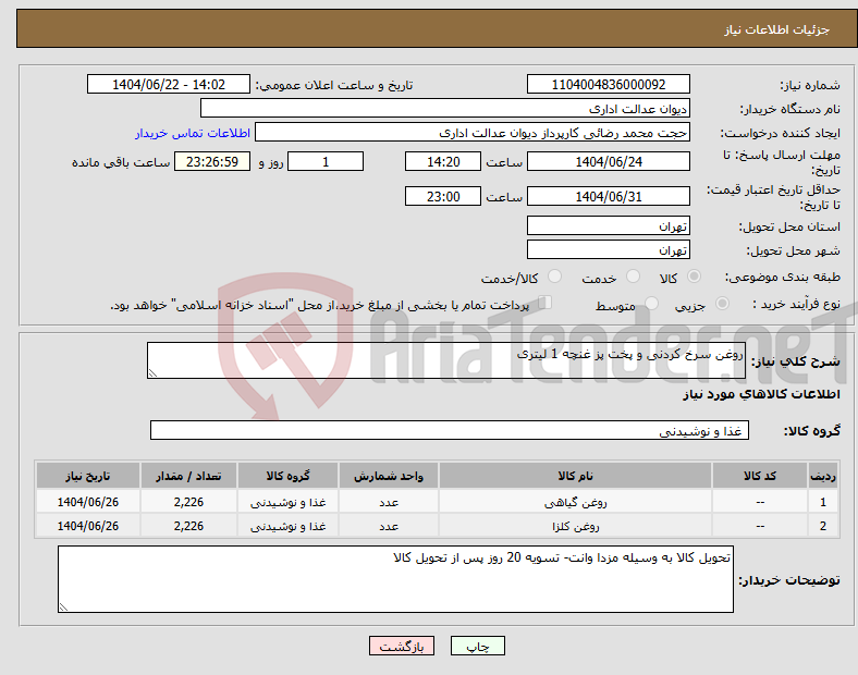 تصویر کوچک آگهی نیاز انتخاب تامین کننده-روغن سرخ کردنی و پخت پز غنچه 1 لیتری