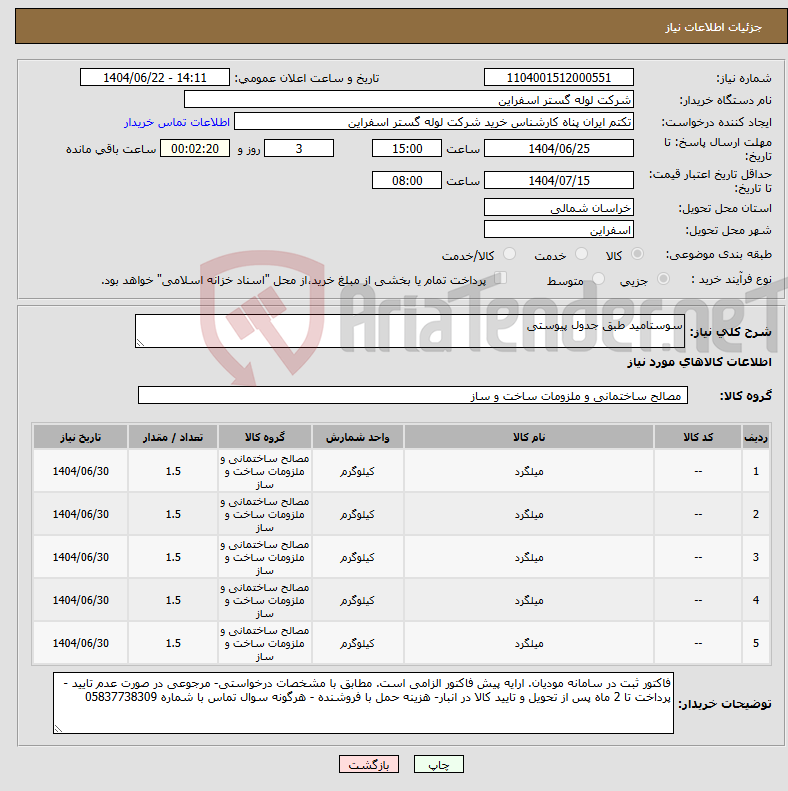 تصویر کوچک آگهی نیاز انتخاب تامین کننده-سوستامید طبق جدول پیوستی