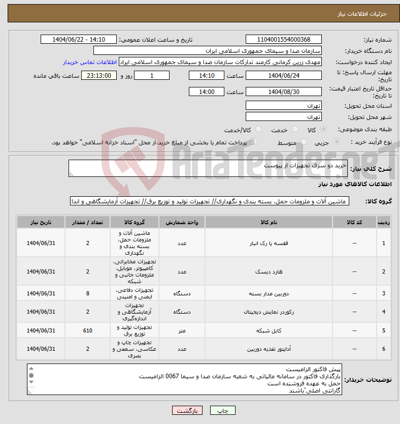 تصویر کوچک آگهی نیاز انتخاب تامین کننده-خرید دو سری تجهیزات از پیوست