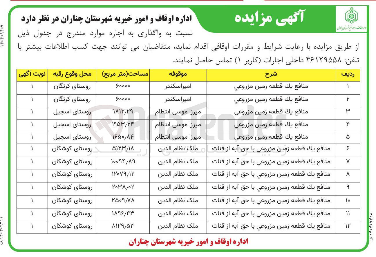 تصویر کوچک آگهی اجاره 12 قطعه با کاربری مزروعی