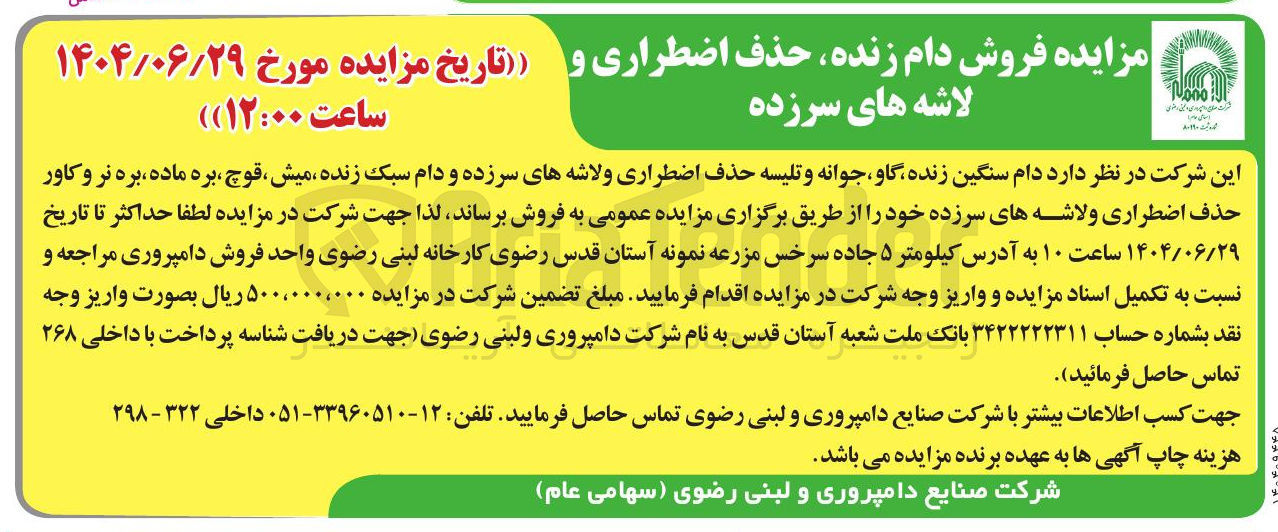 تصویر کوچک آگهی فروش دام سنگین زنده گاو ، جوانه و تلیسه حذف اضطراری ولاشه های سرزده و دام سبک زنده میش ، قوچ ، بره ماده بره نر و کاور حذف اضطراری ولاشه های سرزده