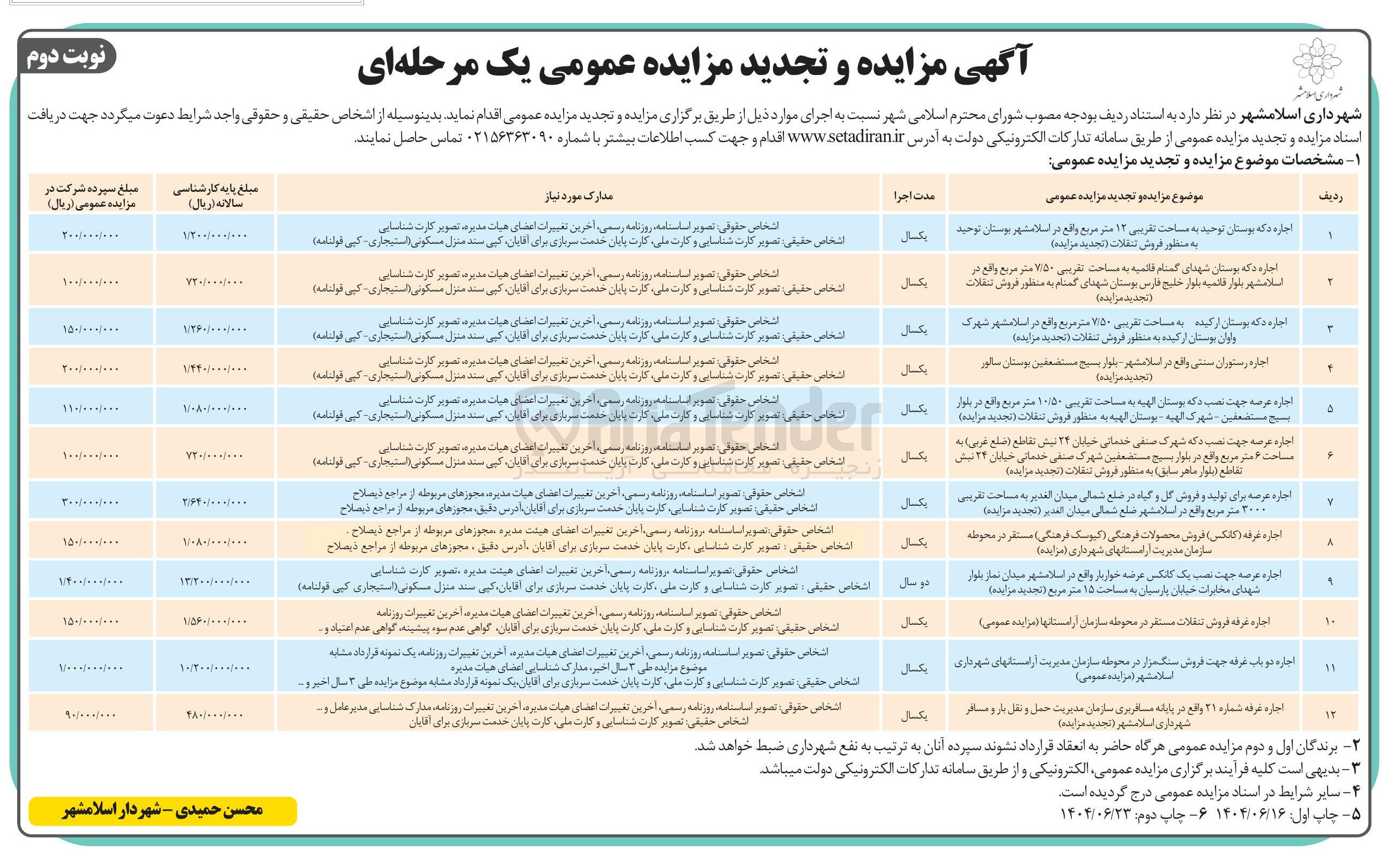 تصویر کوچک آگهی اجاره دکه بوستان توحید به مساحت تقریبی ۱۲ متر مربع به منظور فروش تنقلات - اجاره دکه بوستان شهدای گمنام قائمیه به مساحت تقریبی ۷۵۰ متر مربع به منظور فروش تنقلات - اجاره دکه بوستان ارکیده به مساحت تقریبی ۷۵۰ متر مربع به منظور فروش تنقلات - اجاره رستوران سنتی - اجاره عرصه جهت نصب دکه بوستان تهیه به مساحت تقریبی ۵۰ ٫ ۱۰ متر مربع به منظور فروش تنقلات - اجاره عرصه جهت نصب دکه به مساحت ۶ متر مربع به منظور فروش تنقلات - اجاره عرصه برای تولید و فروش گل و گیاه به ساحت تقریبی ۲۰۰۰ متر مربع - اجاره غرفه ( کانکس ) فروش محصولات فرهنگی ( کیوسک فرهنگی مستقر ) - اجاره عرصه جهت نصب یک کانکس عرضه خواربار - اجاره غرفه فروش تنقلات - اجاره دو باب غرفه جهت فروش سنگ مزار - اجاره غرفه شماره ۲۱
