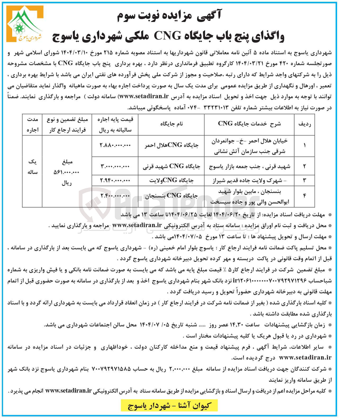 تصویر کوچک آگهی واگذای پنج باب جایگاه CNG 
