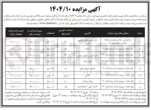 تصویر کوچک آگهی  برگزاری مزایده نسبت واگذاری حق بهر برداری از واحد تجاری واقع در بازارچه 