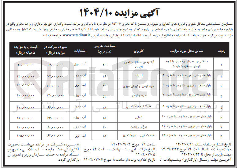 تصویر کوچک آگهی  واگذاری حق بهر برداری از واحد تجاری واقع در بازارچه 