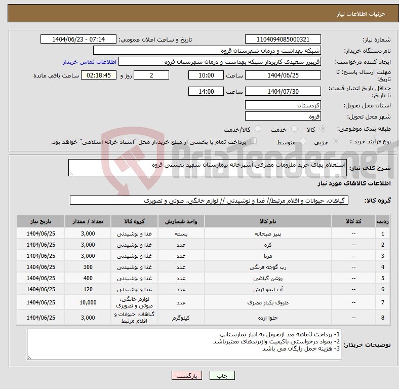 تصویر کوچک آگهی نیاز انتخاب تامین کننده-استعلام بهای خرید ملزومات مصرفی آشپزخانه بیمارستان شهید بهشتی قروه