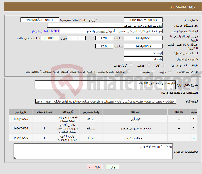 تصویر کوچک آگهی نیاز انتخاب تامین کننده-نیاز به تجهیزات طبق کاتالوگ