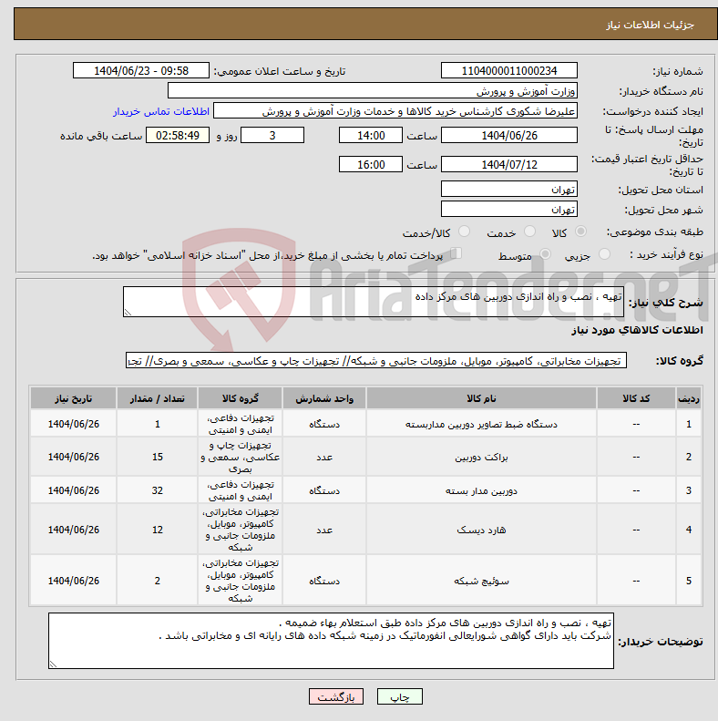 تصویر کوچک آگهی نیاز انتخاب تامین کننده-تهیه ، نصب و راه اندازی دوربین های مرکز داده 