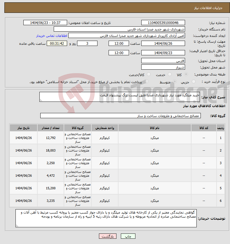 تصویر کوچک آگهی نیاز انتخاب تامین کننده-خرید میلگرد مورد نیاز شهرداری صدرا طبق لیست برگ پیشنهاد قیمت