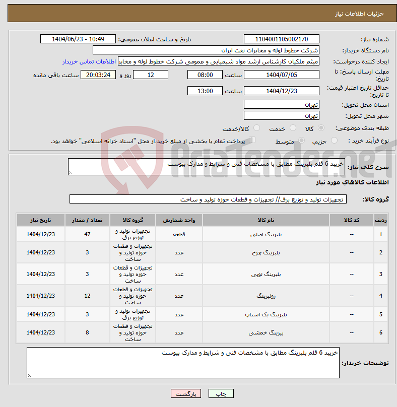 تصویر کوچک آگهی نیاز انتخاب تامین کننده-خریبد 6 قلم بلبرینگ مطابق با مشخصات فنی و شرایط و مدارک پیوست