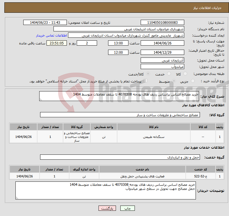 تصویر کوچک آگهی نیاز انتخاب تامین کننده-خرید مصالح اساس براساس ردیف های بودجه 4070308 تا سقف معاملات متوسط 1404