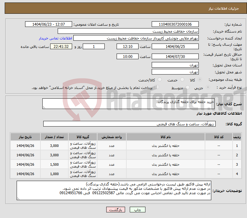 تصویر کوچک آگهی نیاز انتخاب تامین کننده-خرید حلقه برای حلقه گذاری پرندگان