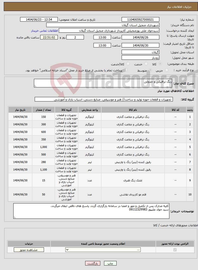 تصویر کوچک آگهی نیاز انتخاب تامین کننده-رنگ ترافیکی و جدولی