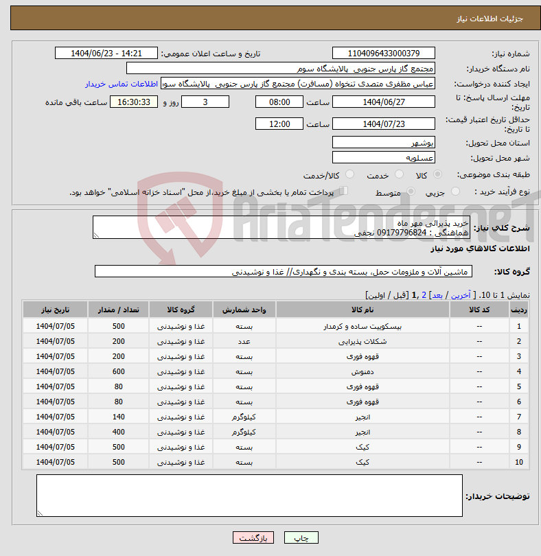 تصویر کوچک آگهی نیاز انتخاب تامین کننده-خرید پذیرائی مهر ماه هماهنگی : 09179796824 نجفی