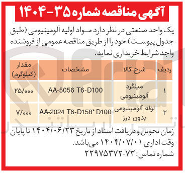 تصویر کوچک آگهی تامین میلگرد آلومینیومی - لوله آلومینیومی بدون درز