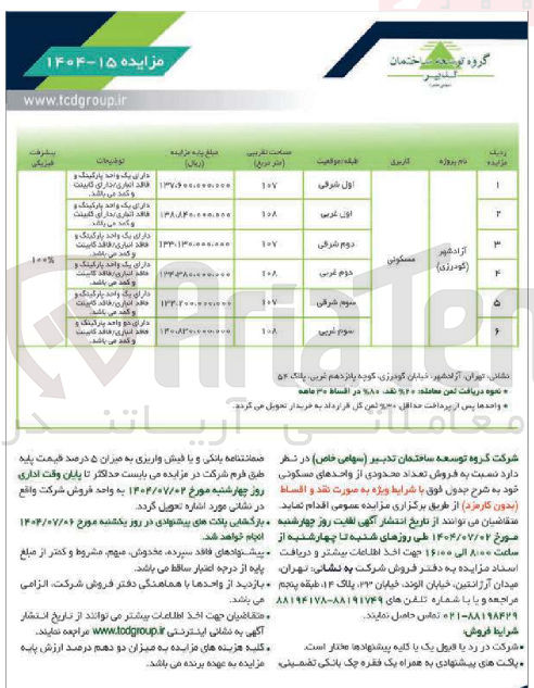 تصویر کوچک آگهی  فروش تعداد محدودی از واحدهای مسکونی 